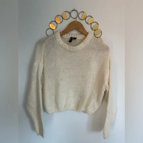 Divided H&M Knit Cropped Sweater Womens Size Medium Cream Mock Neck Long Sleeve - Picture 1 of 7